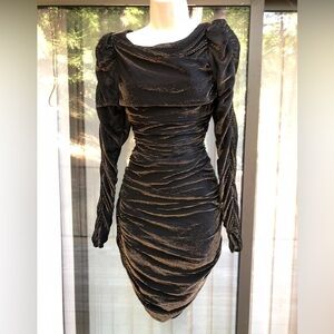 Vintage 80s Scarlett Ruched Black Gold Metallic Mini Dress Long Sleeve Size 5/6